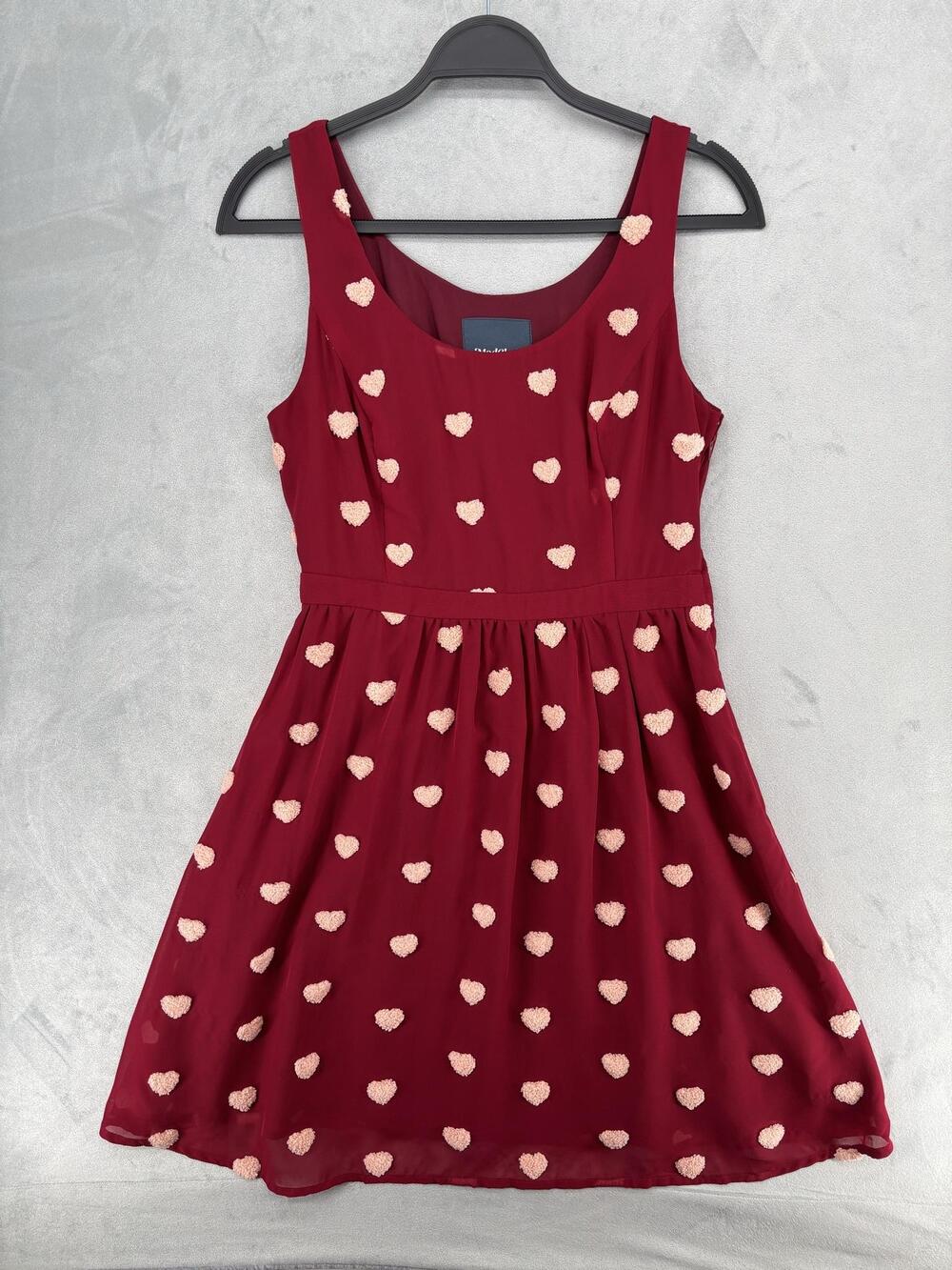 ModCloth Dress Medium Red Fit & Flare Embroidered Hearts Flirty Cocktail Pockets